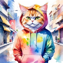 watercolor painting of persian cat in a colorful hoodie, set in a vibrant urban setting, capturing a detailed and happy mood.