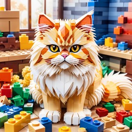 watercolor painting of persian cat as lego bricks, vibrant and detailed in a playful lego environment.