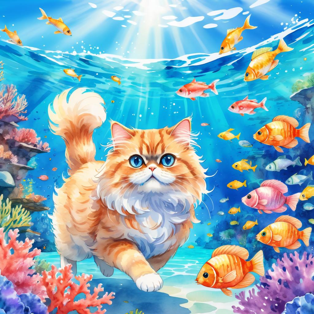 watercolor painting of persian cat swimming in a beautiful blue ocean with colorful fish and coral reef, capturing a happy and vibrant underwater scene.