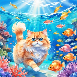 watercolor painting of persian cat swimming in a beautiful blue ocean with colorful fish and coral reef, capturing a happy and vibrant underwater scene.