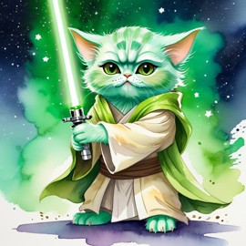 watercolor painting of persian cat as yoda from star wars, holding a green lightsaber in a cinematic star wars scene.