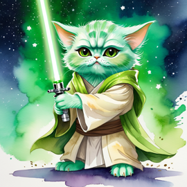 watercolor painting of persian cat as yoda from star wars, holding a green lightsaber in a cinematic star wars scene.