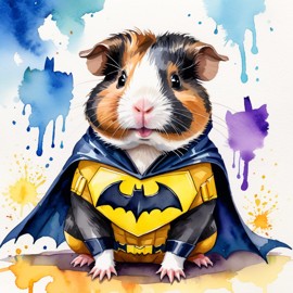 watercolor painting of peruvian guinea pig as batman, wearing batman suit and mask, vibrant and detailed.