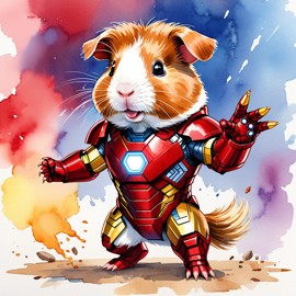 watercolor painting of peruvian guinea pig as iron man, featuring a vibrant and detailed iron man costume in an artistic style.