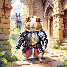 watercolor painting of peruvian guinea pig as a medieval knight in a vibrant, detailed castle scene.