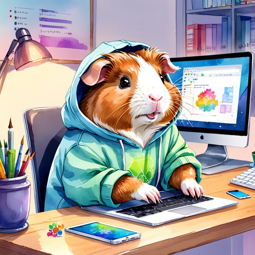 watercolor illustration of peruvian guinea pig as a programmer, working on a laptop in a hoodie, capturing a cute and vibrant scene.