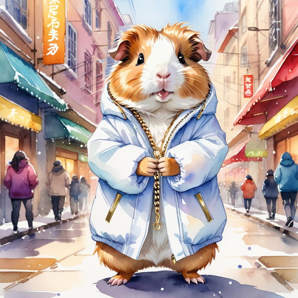 watercolor painting of peruvian guinea pig in a white puffer coat with golden hip hop chains, set in a posh urban environment.