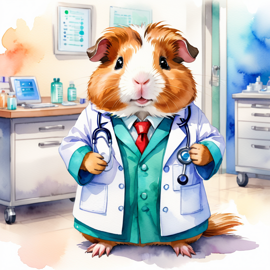 watercolor painting of peruvian guinea pig as a doctor in a hospital, vibrant and highly detailed, in a studio anime style.