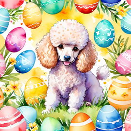 watercolor painting of poodle in a vibrant easter scene with colorful eggs, highly detailed and joyful.