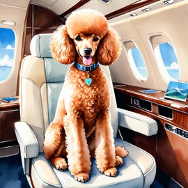 watercolor illustration of poodle in a gulfstream private jet, dressed in elegant clothing, capturing a posh and vibrant scene.