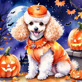 watercolor illustration of poodle in a halloween costume with a vibrant and festive atmosphere surrounded by pumpkins.