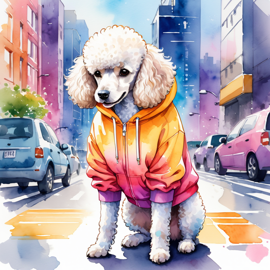 watercolor painting of poodle in a colorful hoodie, set in a vibrant urban setting, capturing a detailed and happy mood.