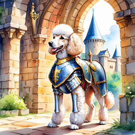 watercolor painting of poodle as a medieval knight in a vibrant, detailed castle scene.