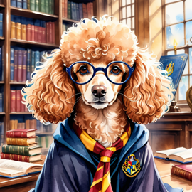 watercolor painting of poodle as harry potter, complete with glasses and hogwarts backdrop, highlighting a vibrant and magical scene.