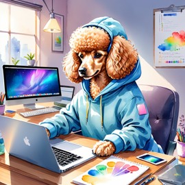 watercolor illustration of poodle as a programmer, working on a laptop in a hoodie, capturing a cute and vibrant scene.