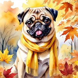 watercolor painting of pug in autumn, wearing a yellow scarf, vibrant and detailed.