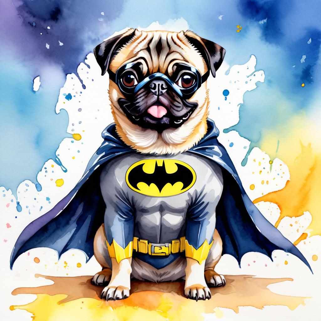 watercolor painting of pug as batman, wearing batman suit and mask, vibrant and detailed.