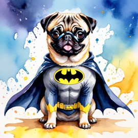 watercolor painting of pug as batman, wearing batman suit and mask, vibrant and detailed.