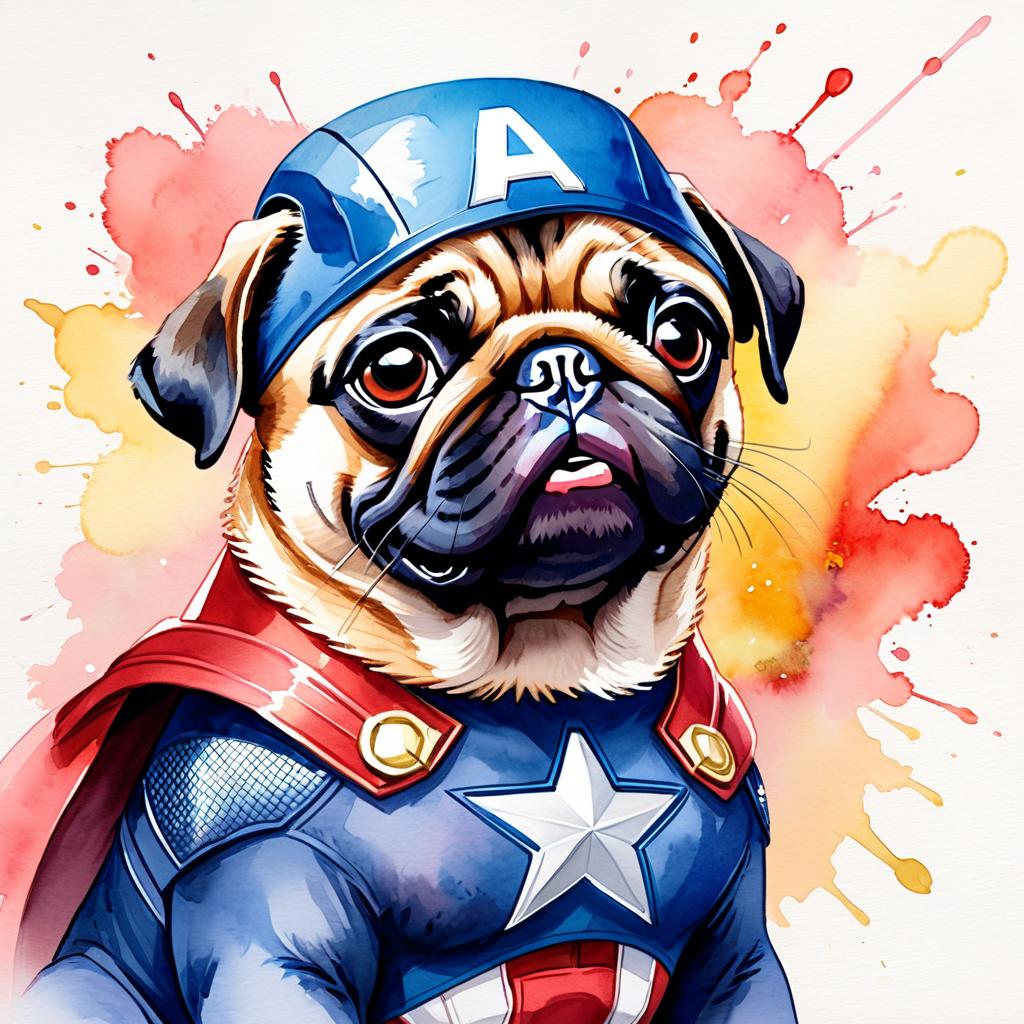 watercolor painting of pug as captain america from avengers, vibrant and detailed.