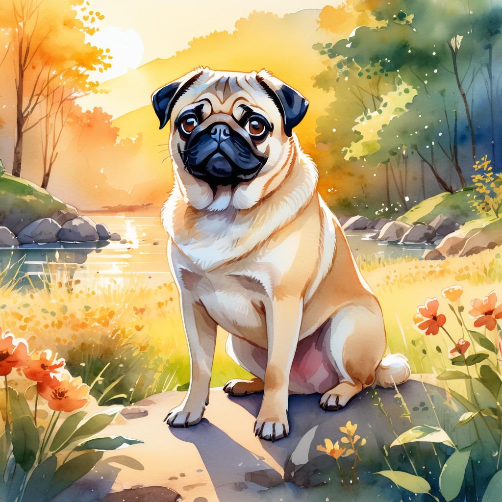 watercolor painting of pug in golden hour light, showcasing vibrant colors and a happy nature scene in a highly detailed illustration.