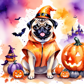 watercolor illustration of pug in a halloween costume with a vibrant and festive atmosphere surrounded by pumpkins.