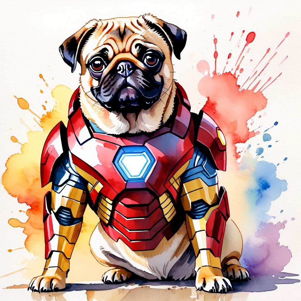 watercolor painting of pug as iron man, featuring a vibrant and detailed iron man costume in an artistic style.