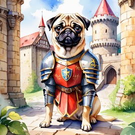 watercolor painting of pug as a medieval knight in a vibrant, detailed castle scene.