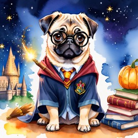 watercolor painting of pug as harry potter, complete with glasses and hogwarts backdrop, highlighting a vibrant and magical scene.