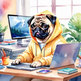 watercolor illustration of pug as a programmer, working on a laptop in a hoodie, capturing a cute and vibrant scene.