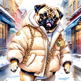 watercolor painting of pug in a white puffer coat with golden hip hop chains, set in a posh urban environment.