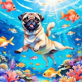 watercolor painting of pug swimming in a beautiful blue ocean with colorful fish and coral reef, capturing a happy and vibrant underwater scene.