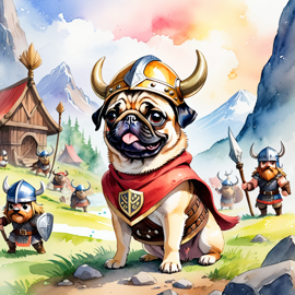 watercolor painting of pug as a viking, wearing traditional armor and helmet, in a vibrant viking environment.