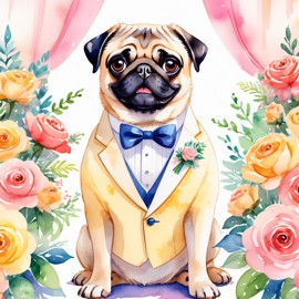 watercolor painting of pug at a wedding in a beautiful wedding suit, looking cute and happy in a vibrant, detailed style.