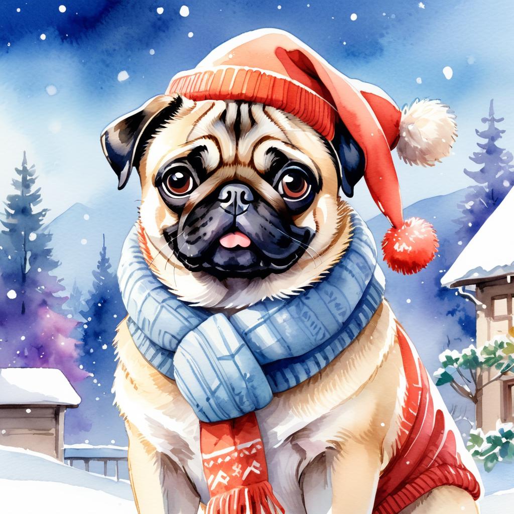 watercolor painting of pug in a beautiful winter scene, wearing stylish winter clothing, looking cute and happy.