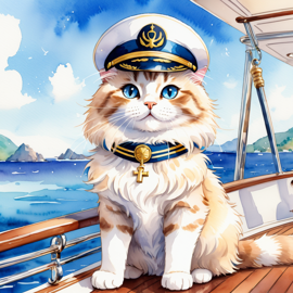 watercolor painting of ragdoll cat as a captain on a luxury yacht, wearing captain uniform, vibrant and detailed.