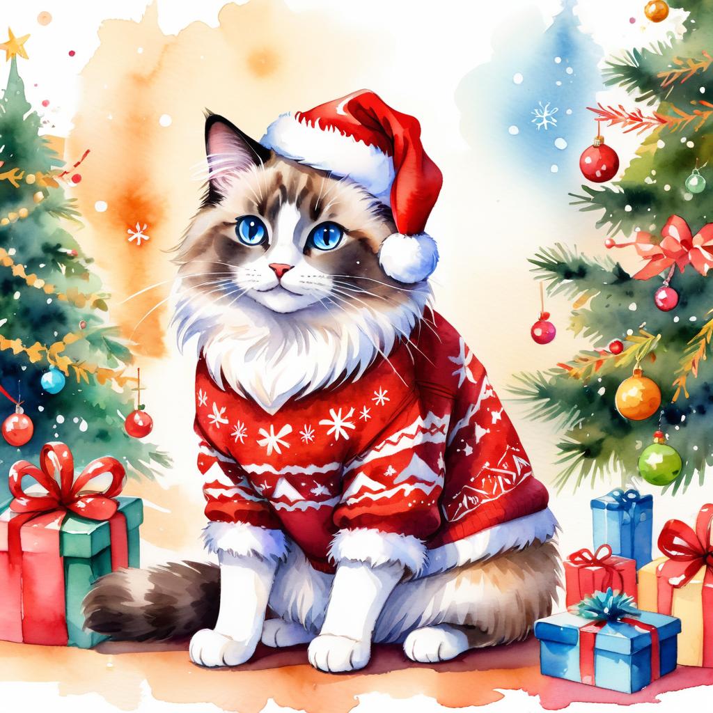 watercolor painting of ragdoll cat in a christmas sweater and santa hat, festive and vibrant.