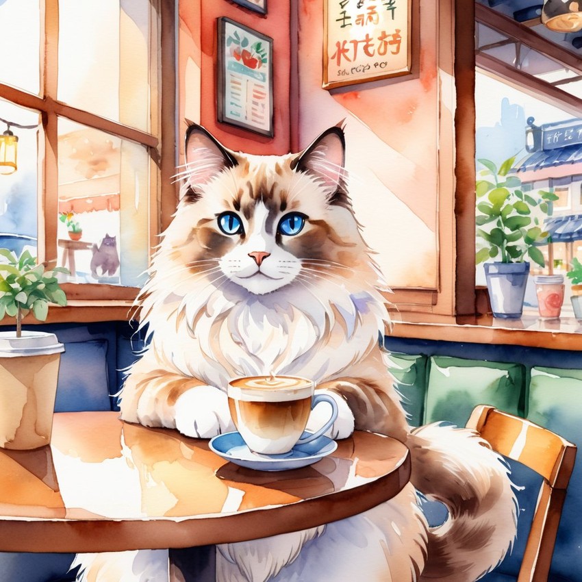 watercolor painting of ragdoll cat sitting in a cozy coffee shop, vibrant and detailed.