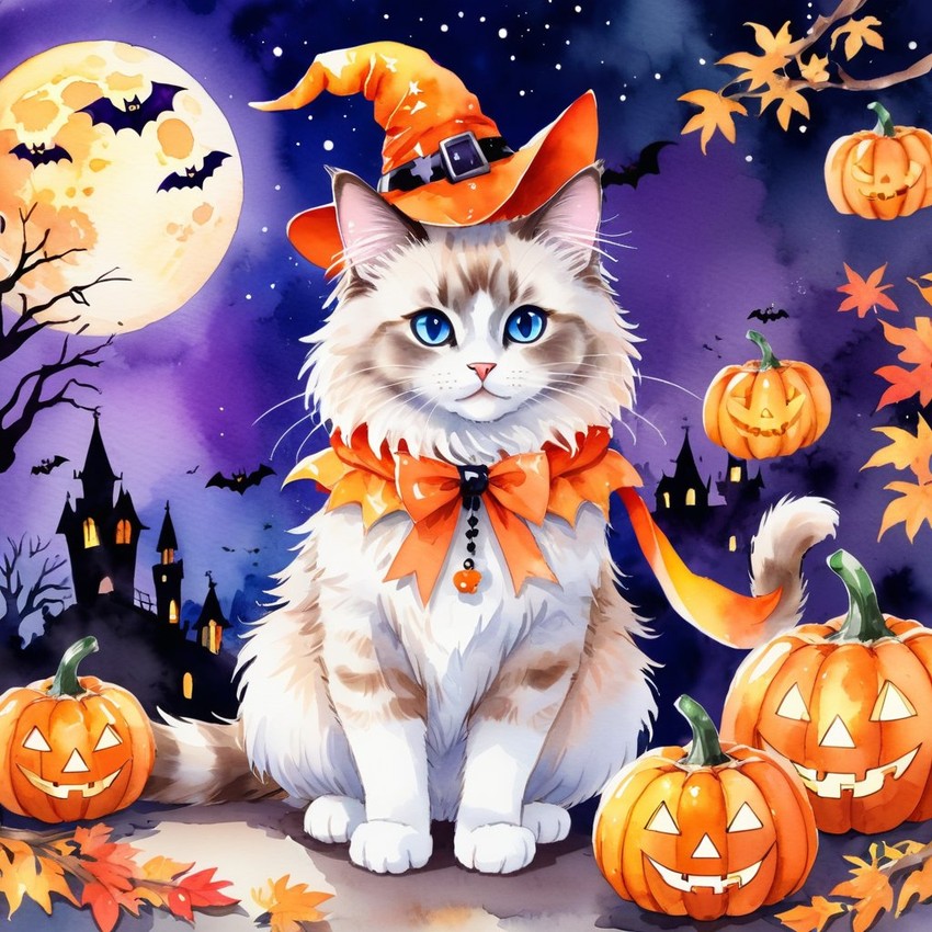 watercolor illustration of ragdoll cat in a halloween costume with a vibrant and festive atmosphere surrounded by pumpkins.