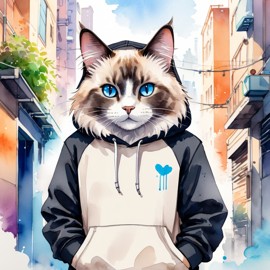 watercolor painting of ragdoll cat in a black hoodie, showcasing a vibrant urban environment with a cute and happy appearance.