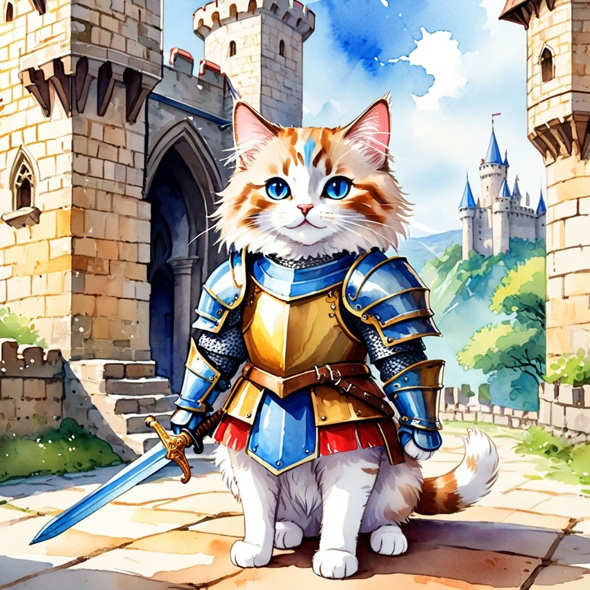 watercolor painting of ragdoll cat as a medieval knight in a vibrant, detailed castle scene.