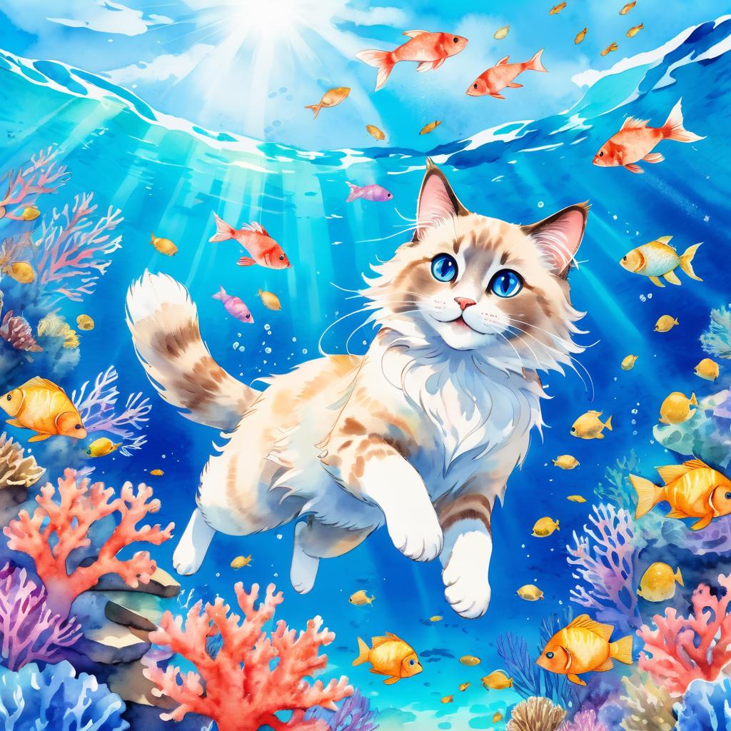 watercolor painting of ragdoll cat swimming in a beautiful blue ocean with colorful fish and coral reef, capturing a happy and vibrant underwater scene.