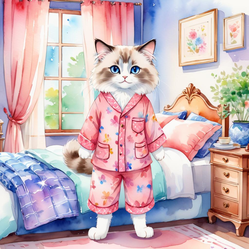 watercolor illustration of ragdoll cat in cute pyjamas, relaxing in a posh bedroom, capturing a vibrant and happy scene.