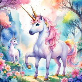 watercolor painting of ragdoll cat as a unicorn in a vibrant fairytale setting, capturing a cute and happy scene with detailed illustration.