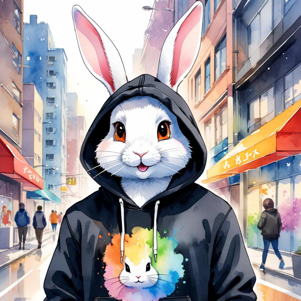 watercolor painting of rex rabbit in a black hoodie, showcasing a vibrant urban environment with a cute and happy appearance.