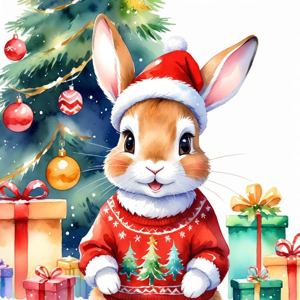 watercolor painting of rex rabbit in a christmas sweater and santa hat, festive and vibrant.