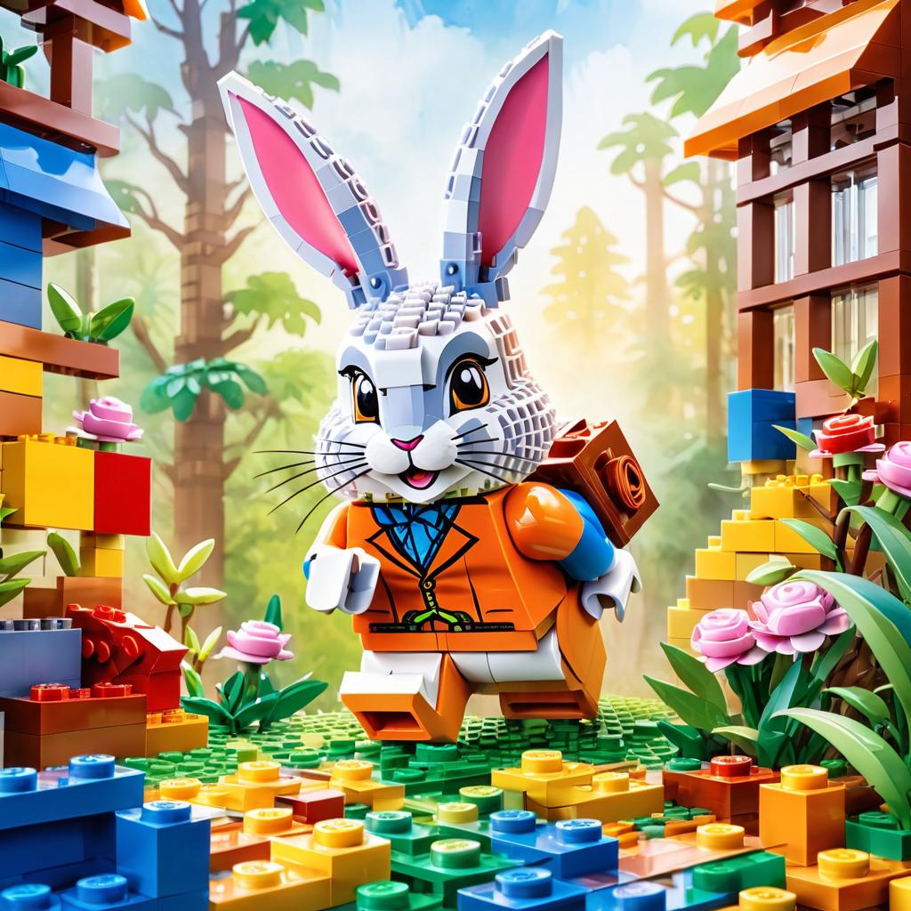 watercolor painting of rex rabbit as lego bricks, vibrant and detailed in a playful lego environment.