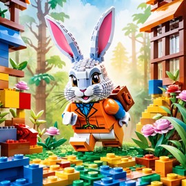 watercolor painting of rex rabbit as lego bricks, vibrant and detailed in a playful lego environment.