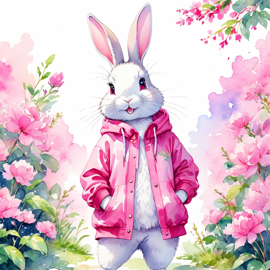 watercolor illustration of rex rabbit in pink clothing, set in a beautiful pink scene, looking happy and vibrant.