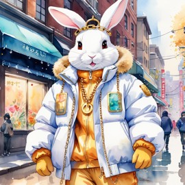 watercolor painting of rex rabbit in a white puffer coat with golden hip hop chains, set in a posh urban environment.