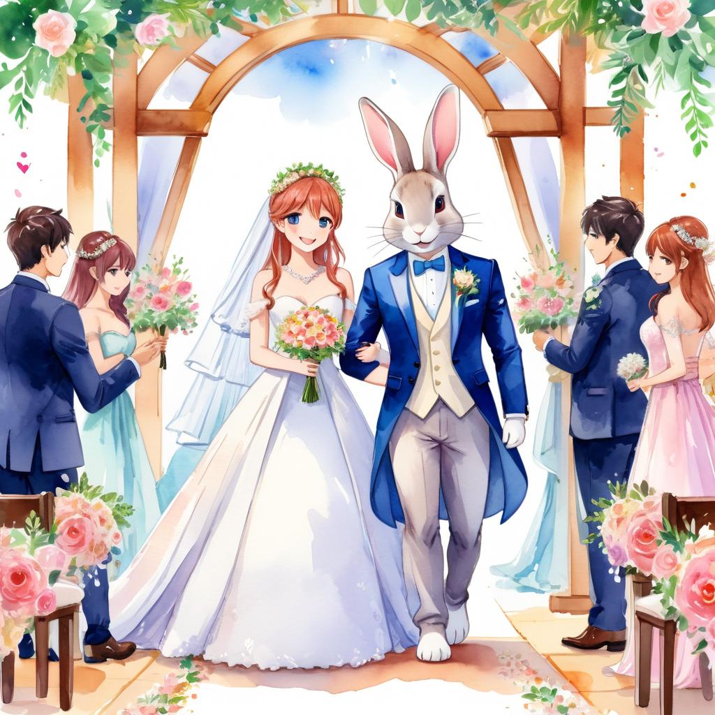 watercolor painting of rex rabbit at a wedding in a beautiful wedding suit, looking cute and happy in a vibrant, detailed style.